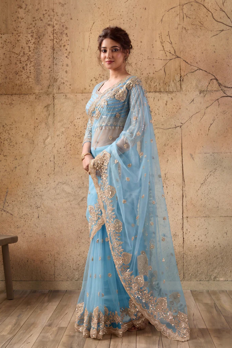 Sky Blue Net Saree With Sequin Hand Embroidery with Stitched Blouse
