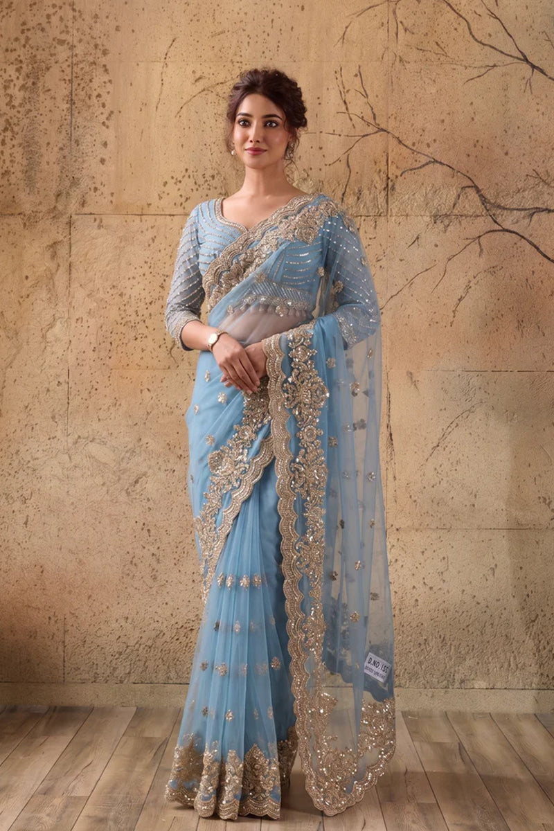 Sky Blue Net Saree With Sequin Hand Embroidery with Stitched Blouse