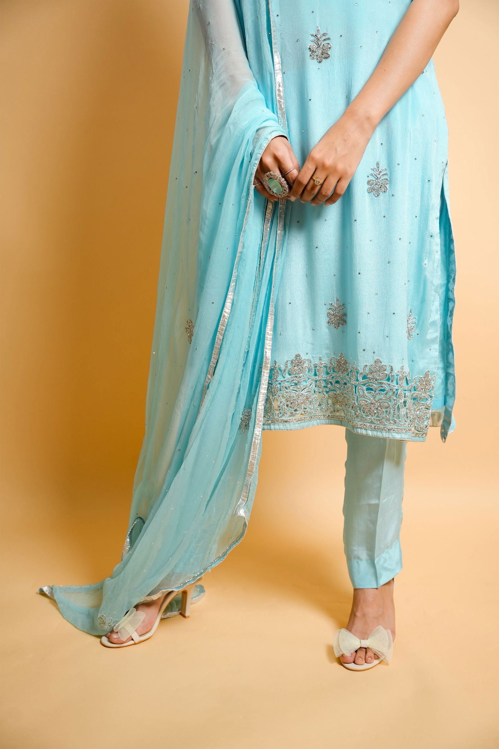 Sky Blue Swarovski Cutwork Suit with Padded Sleeveless Design - Mayrake.in