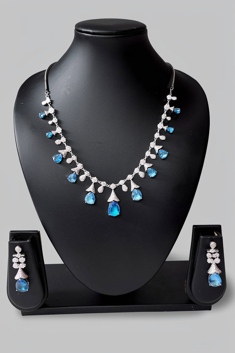 Sky Blue Teardrop Stone Necklace Set with Floral Diamond-Studded Detailing