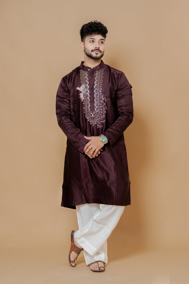 Maroon Japanese Silk Kurta Set with Hand Thread Embroidery