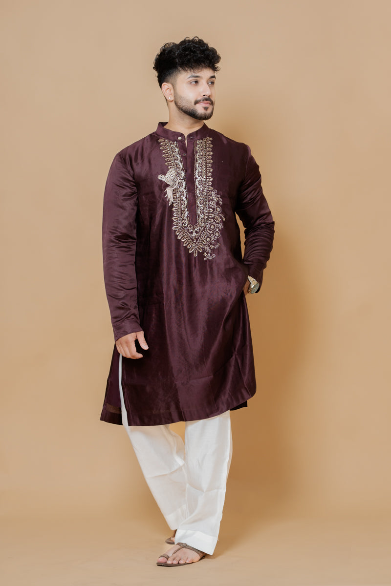 Maroon Japanese Silk Kurta Set with Hand Thread Embroidery