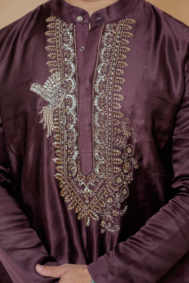 Maroon Japanese Silk Kurta Set with Hand Thread Embroidery