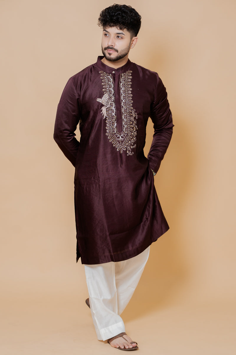 Maroon Japanese Silk Kurta Set with Hand Thread Embroidery