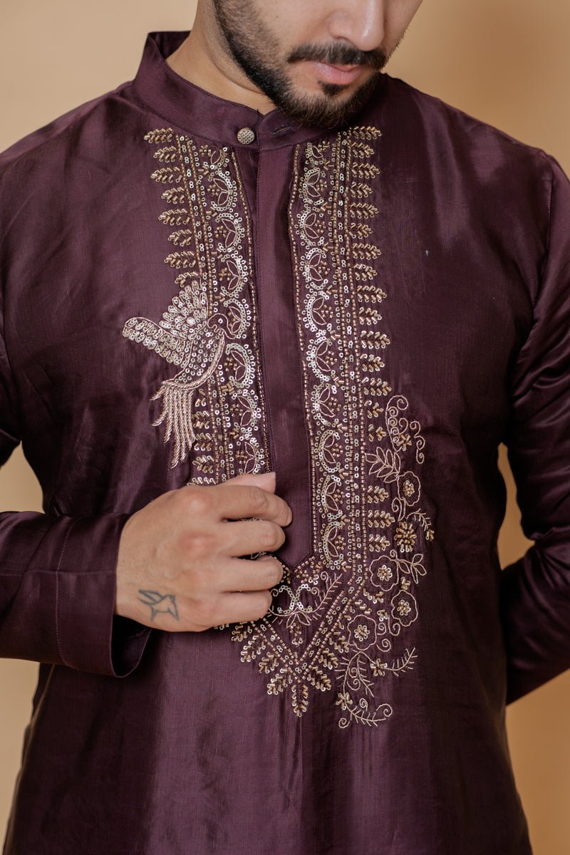 Maroon Japanese Silk Kurta Set with Hand Thread Embroidery