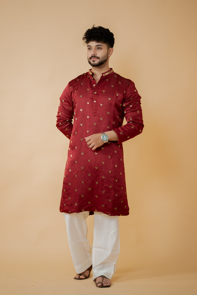 Maroon Japanese Silk Kurta Set with Metallic Motif Work