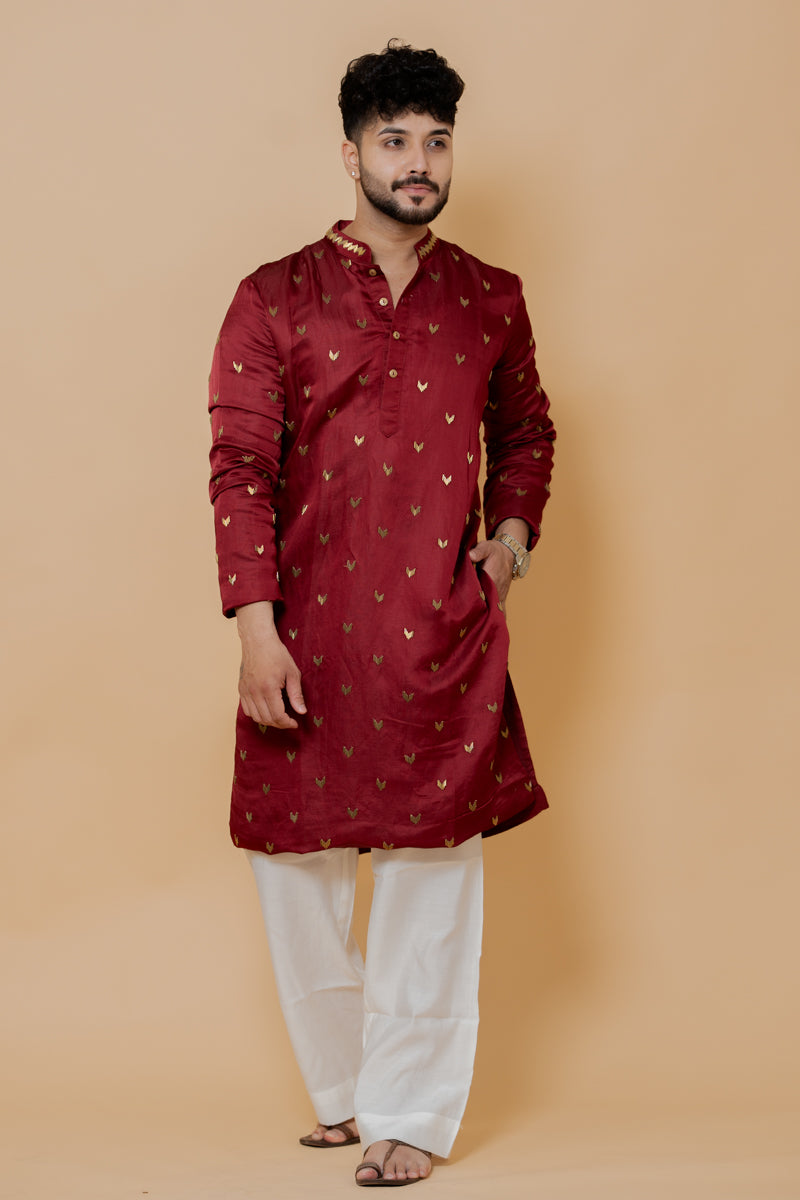 Maroon Japanese Silk Kurta Set with Metallic Motif Work