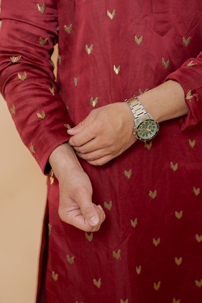 Maroon Japanese Silk Kurta Set with Metallic Motif Work