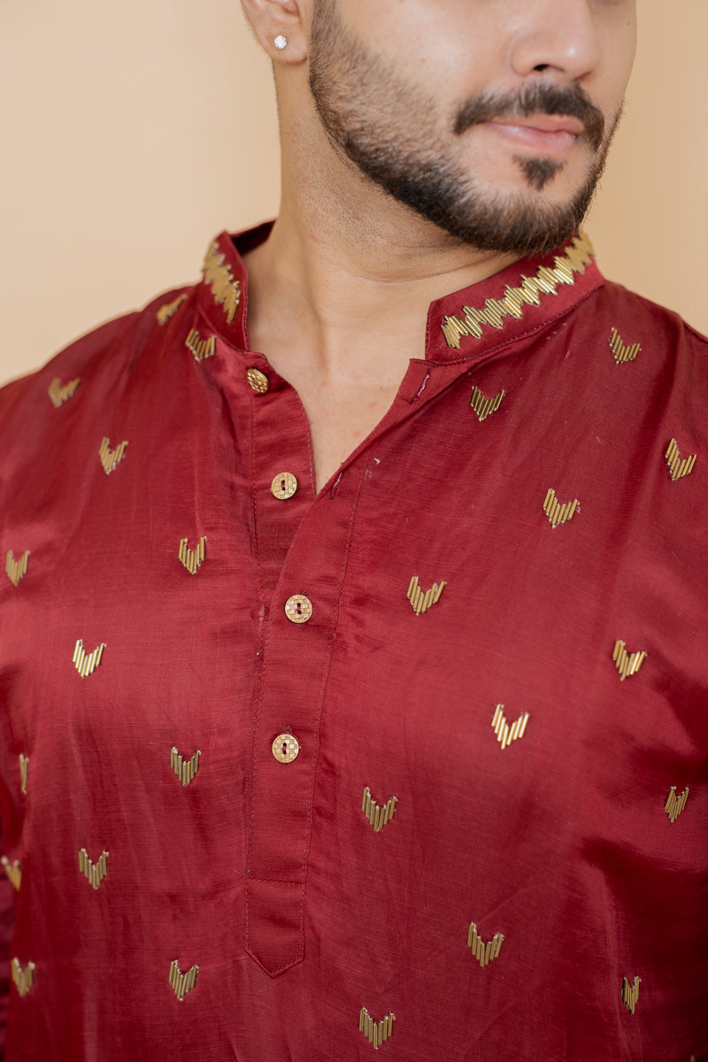 Maroon Japanese Silk Kurta Set with Metallic Motif Work