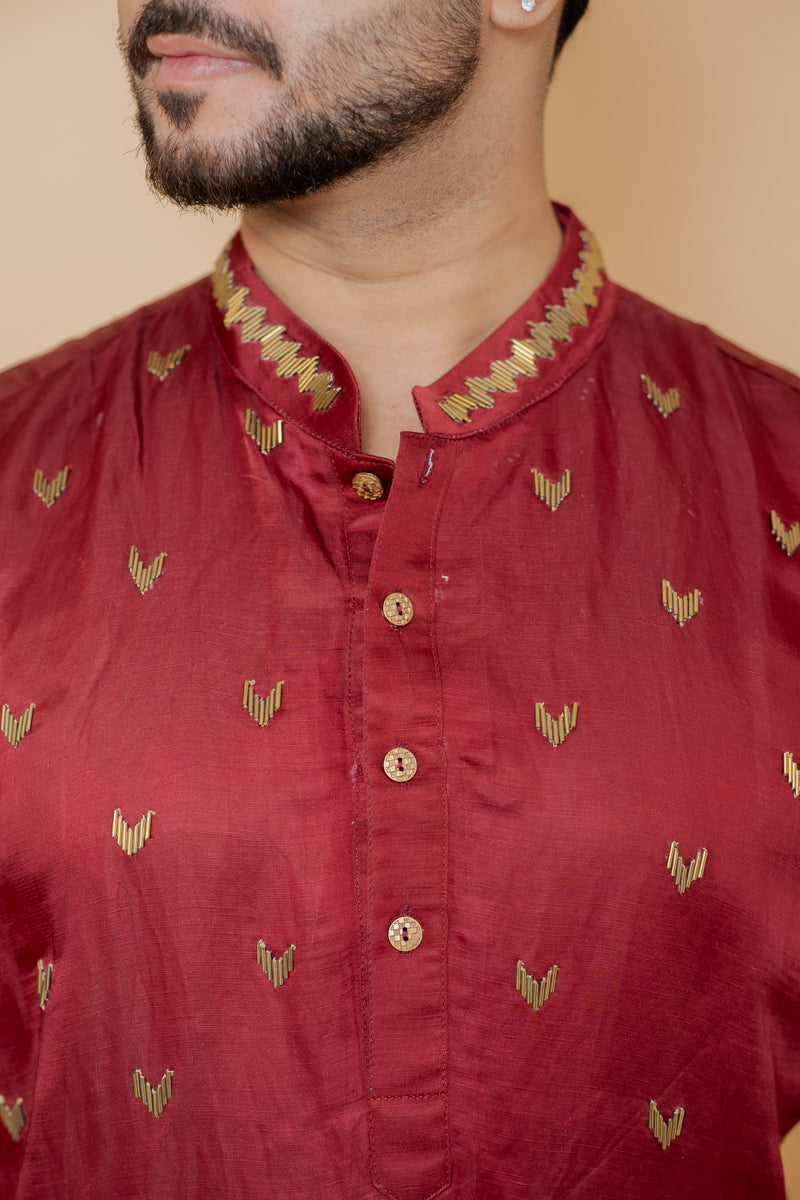 Maroon Japanese Silk Kurta Set with Metallic Motif Work