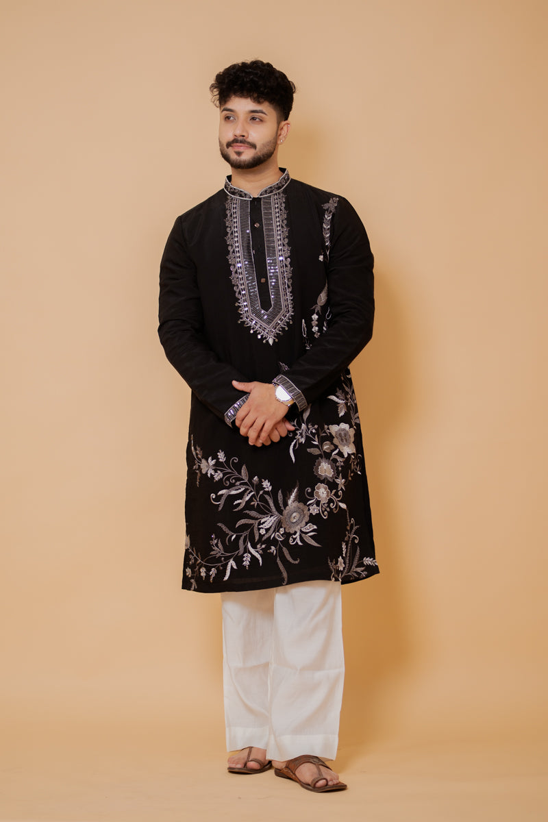 Black Japanese Silk Kurta Set with Silver Floral Embroidery