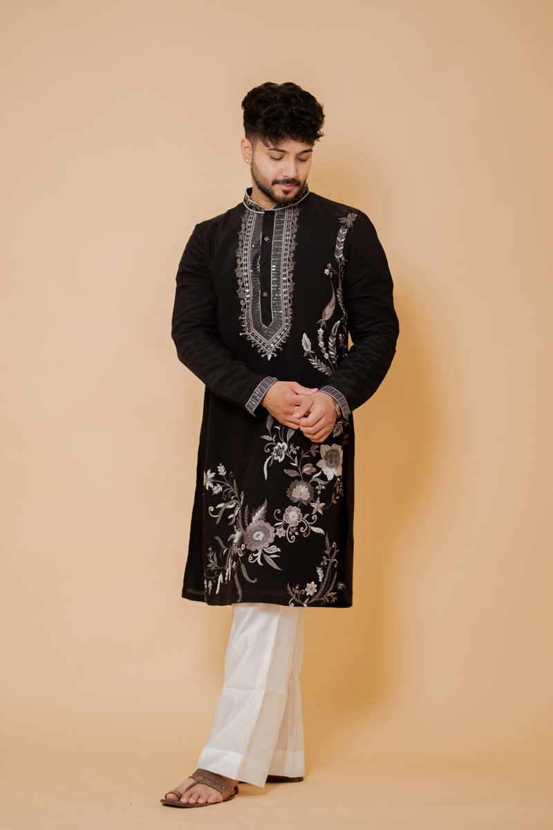 Black Japanese Silk Kurta Set with Silver Floral Embroidery