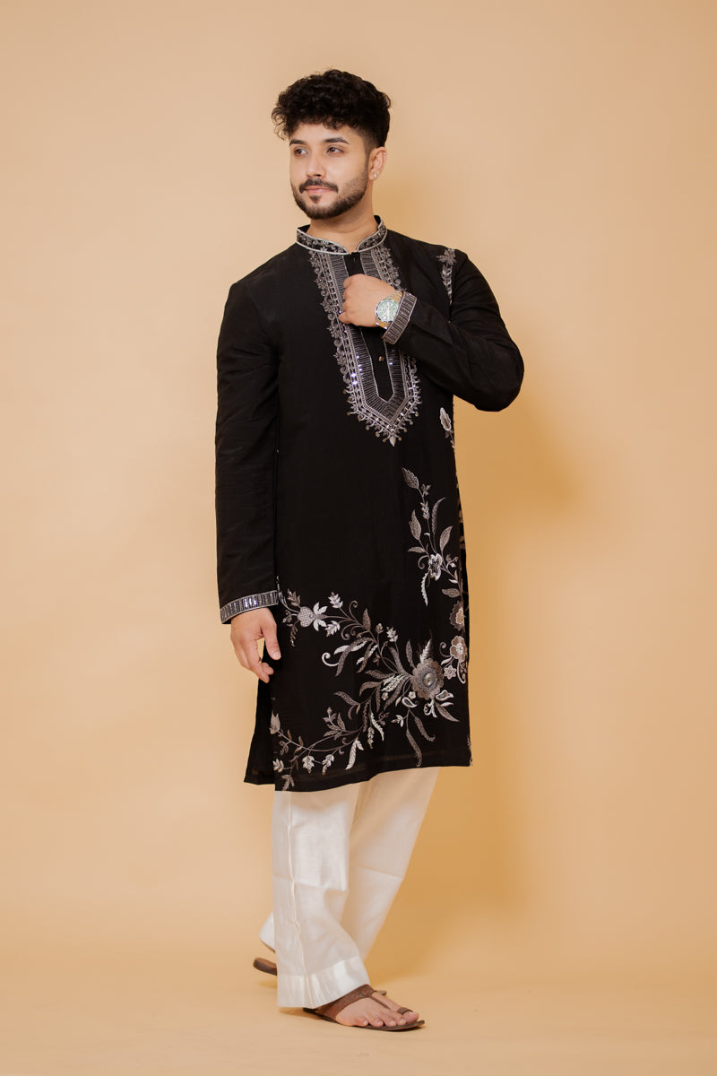 Black Japanese Silk Kurta Set with Silver Floral Embroidery