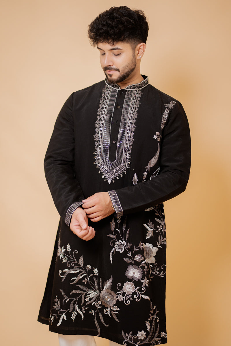 Black Japanese Silk Kurta Set with Silver Floral Embroidery