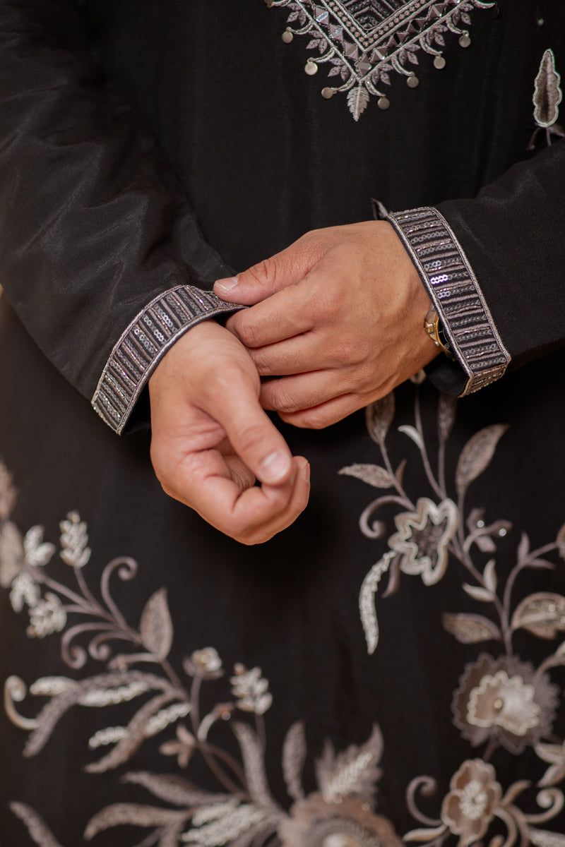 Black Japanese Silk Kurta Set with Silver Floral Embroidery