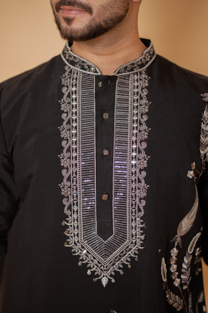 Black Japanese Silk Kurta Set with Silver Floral Embroidery