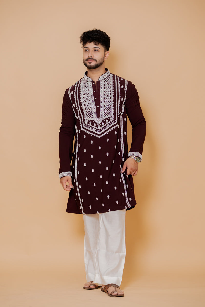 Wine Japanese Silk Kurta Set with Silver Hand Embroidery
