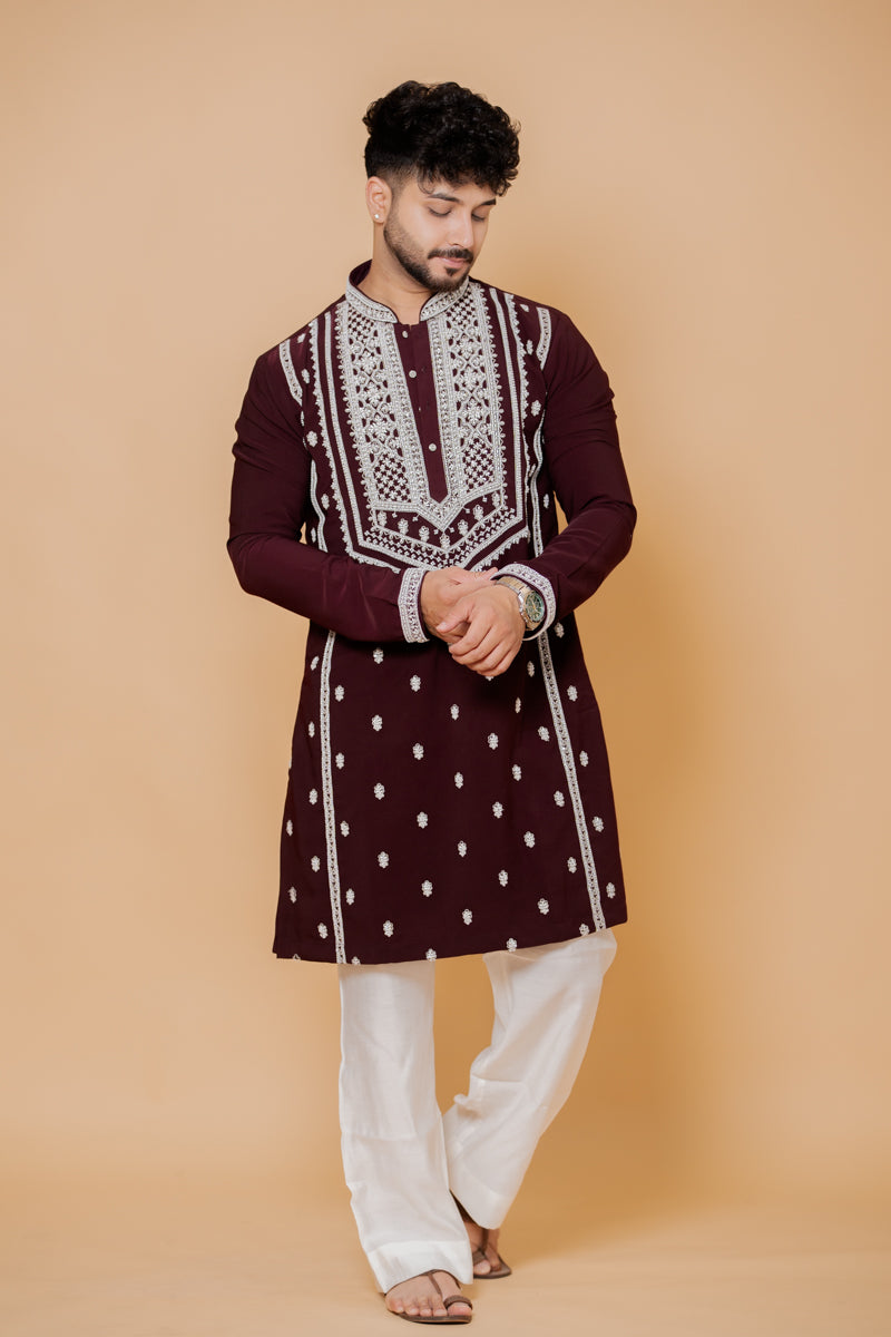 Wine Japanese Silk Kurta Set with Silver Hand Embroidery