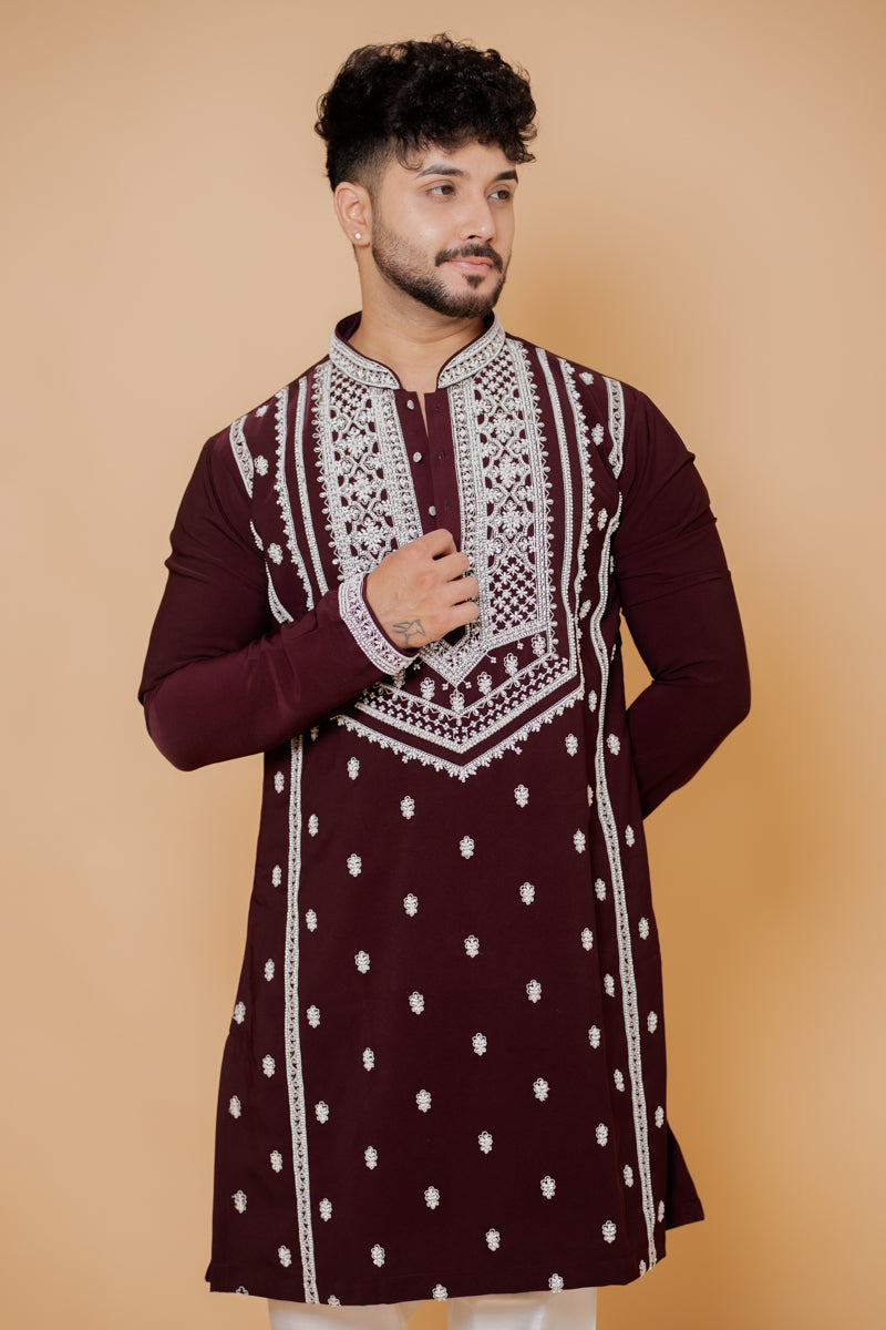Wine Japanese Silk Kurta Set with Silver Hand Embroidery