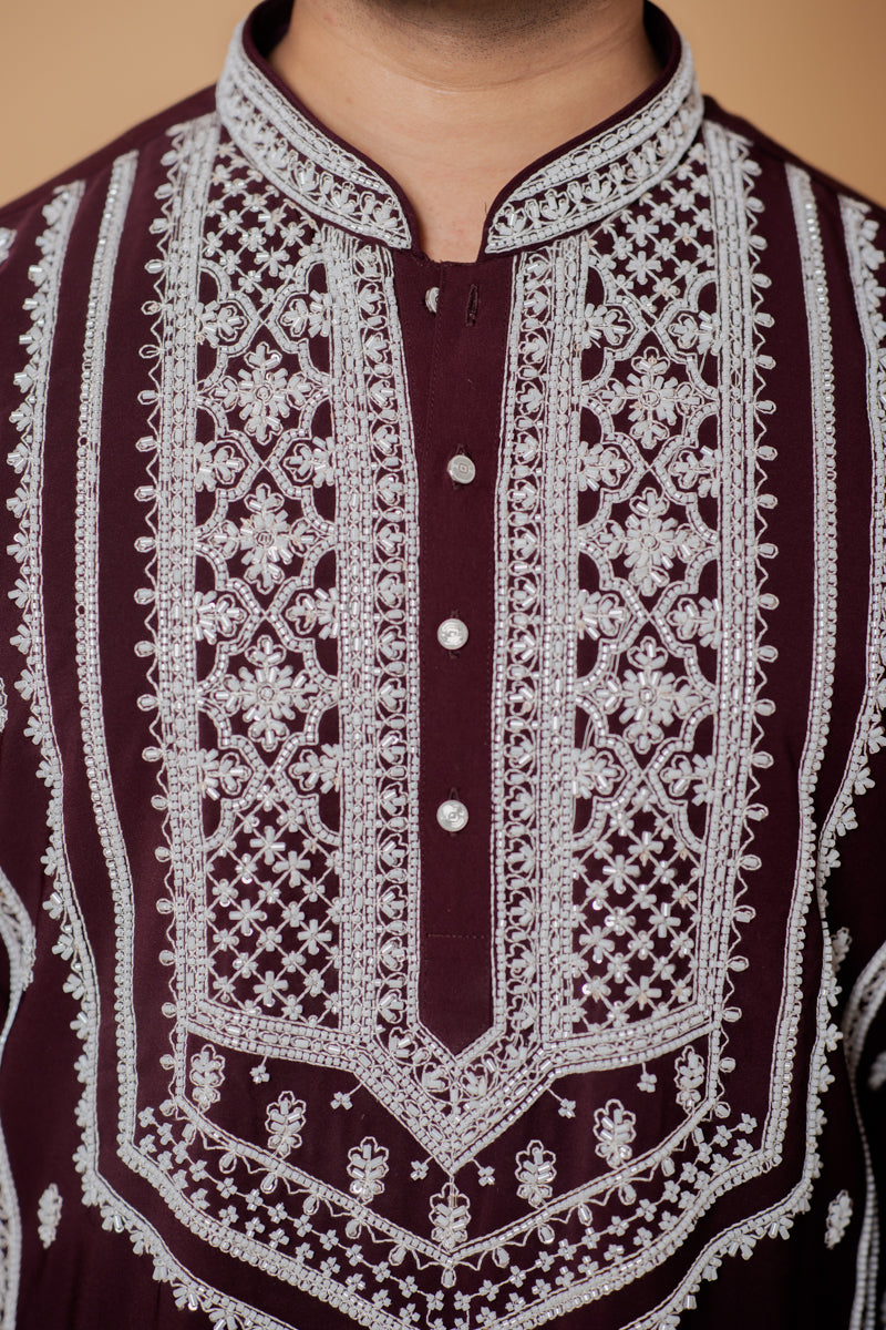 Wine Japanese Silk Kurta Set with Silver Hand Embroidery