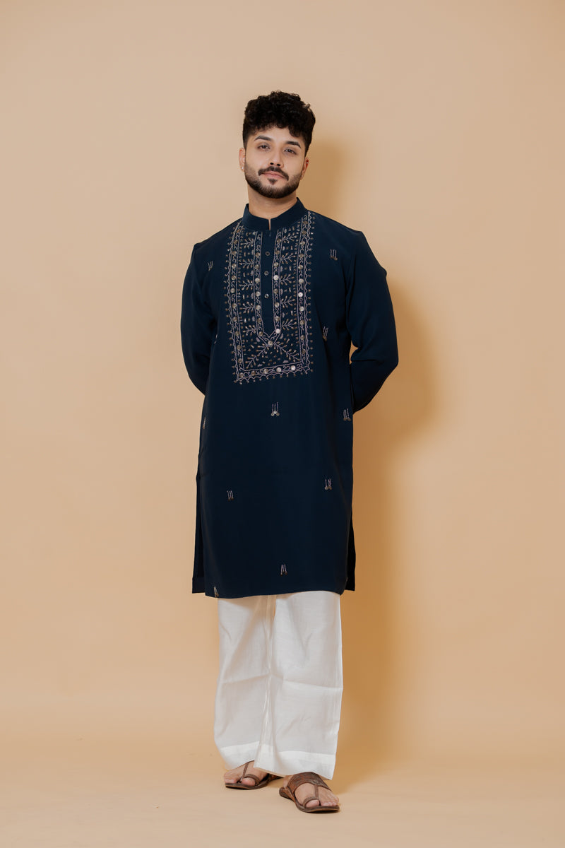 Navy Blue Japanese Silk Kurta Set with Hand Embroidery