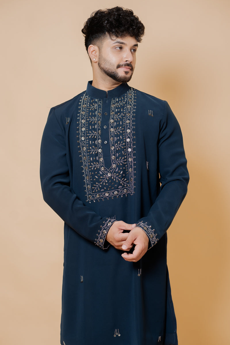 Navy Blue Japanese Silk Kurta Set with Hand Embroidery
