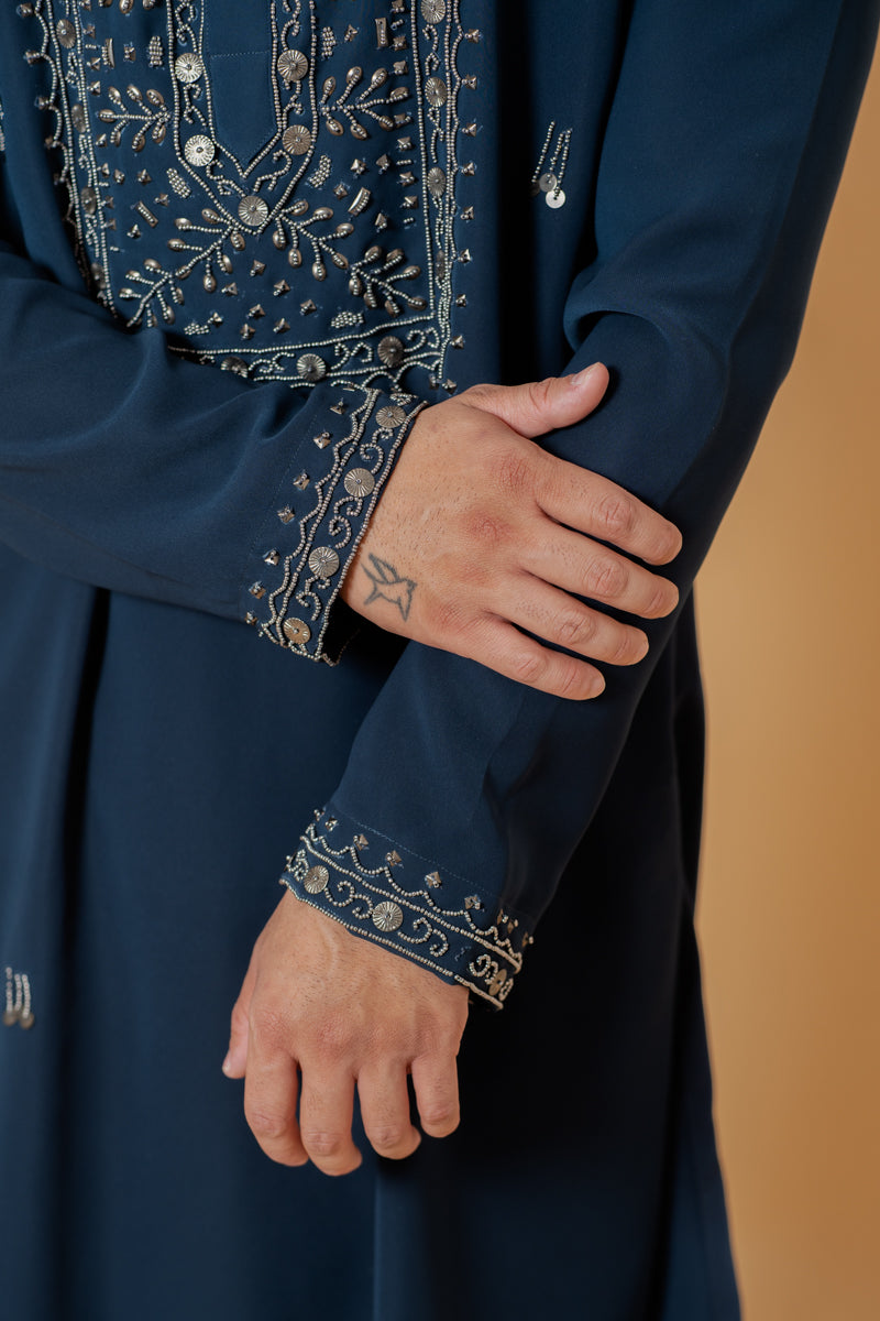 Navy Blue Japanese Silk Kurta Set with Hand Embroidery