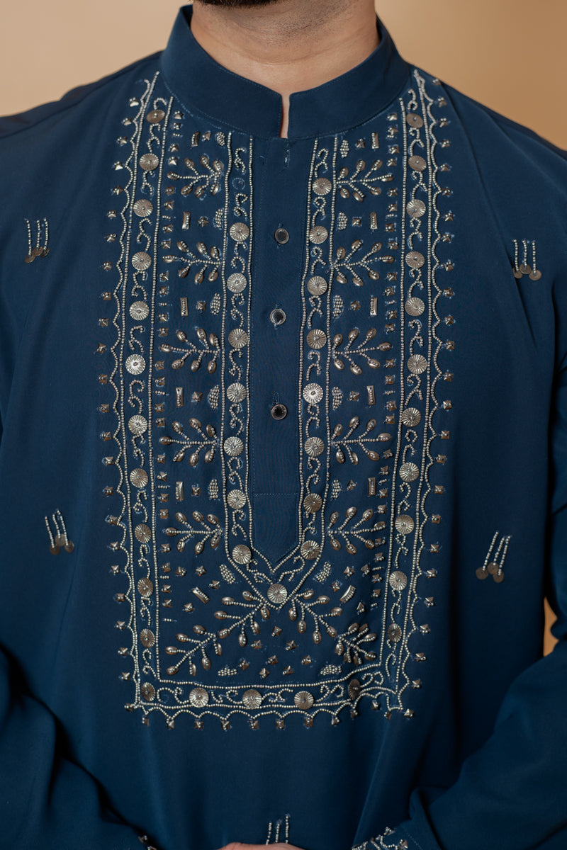 Navy Blue Japanese Silk Kurta Set with Hand Embroidery