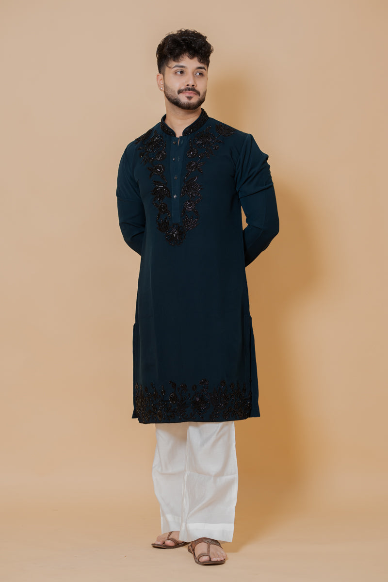 Navy Blue Japanese Silk Kurta Set with Black Floral Embroidery