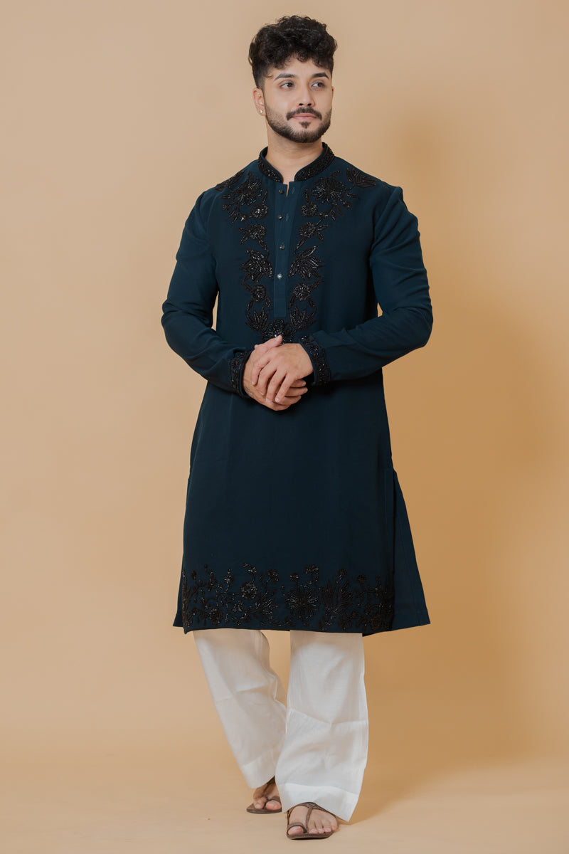 Navy Blue Japanese Silk Kurta Set with Black Floral Embroidery