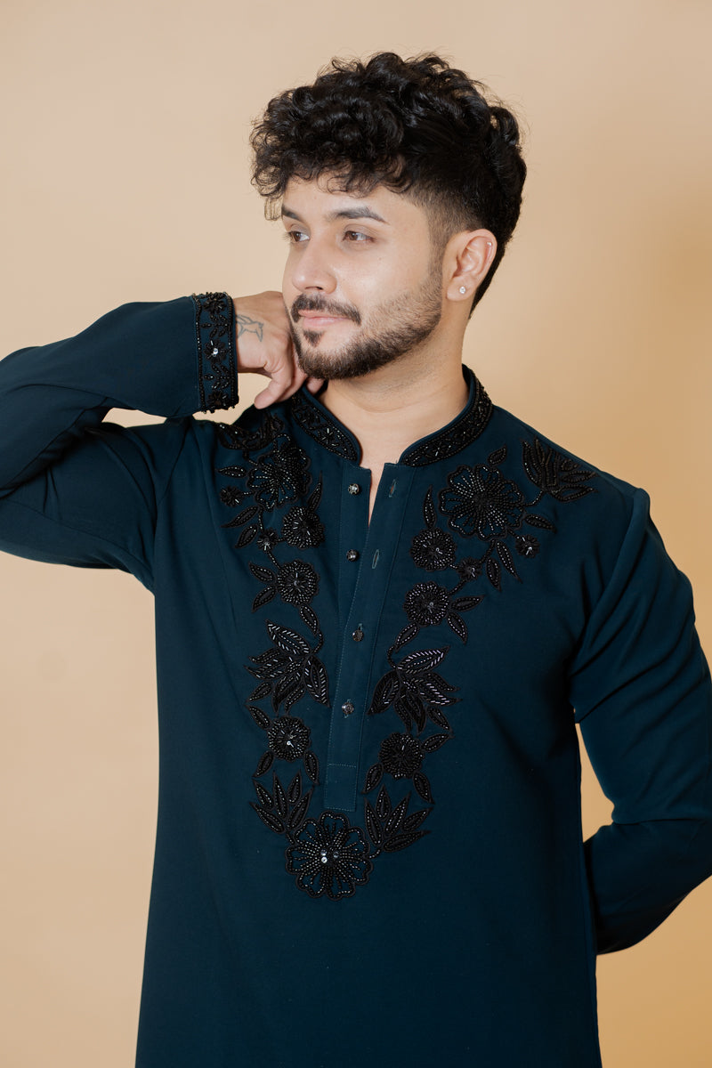 Navy Blue Japanese Silk Kurta Set with Black Floral Embroidery