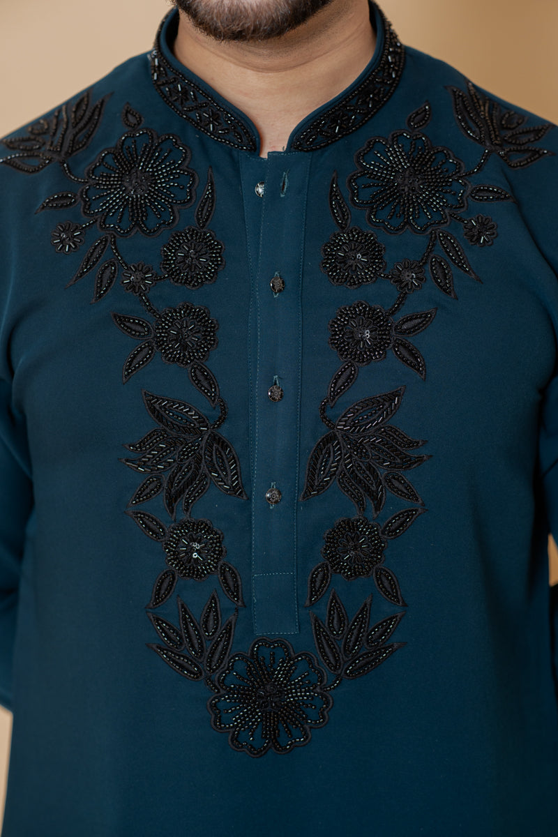 Navy Blue Japanese Silk Kurta Set with Black Floral Embroidery