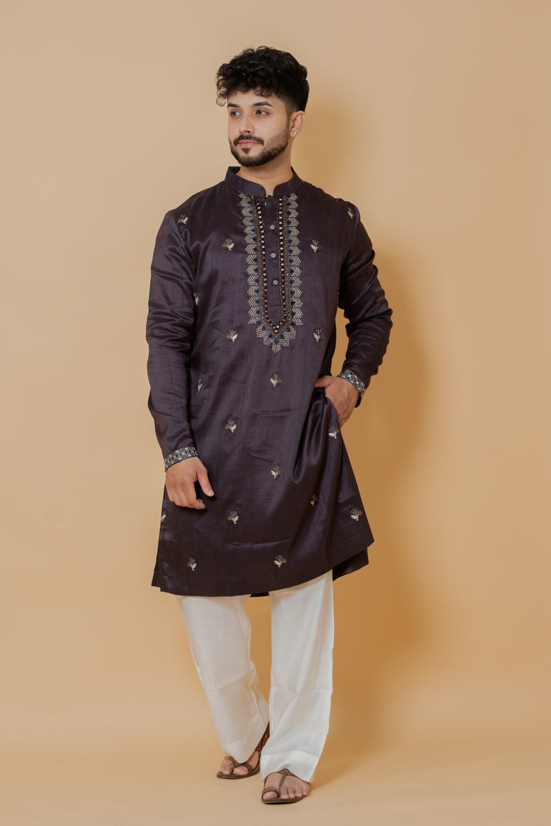 Dark Wine Linen Silk Kurta Set with Hand Embroidery