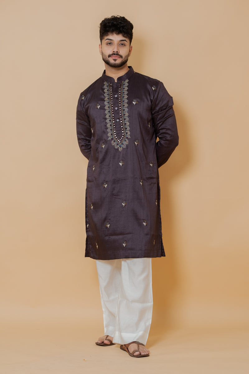 Dark Wine Japanese Silk Kurta Set with Hand Embroidery