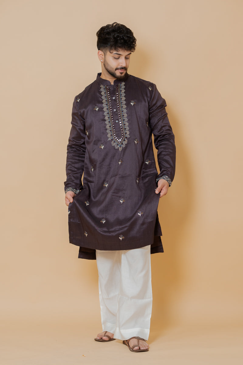 Dark Wine Japanese Silk Kurta Set with Hand Embroidery