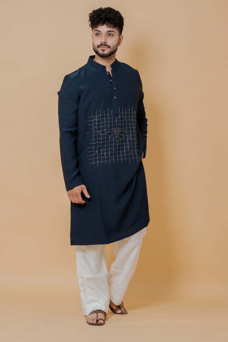 Navy Blue Japanese Silk Kurta Set Dragonfly Embroidery
