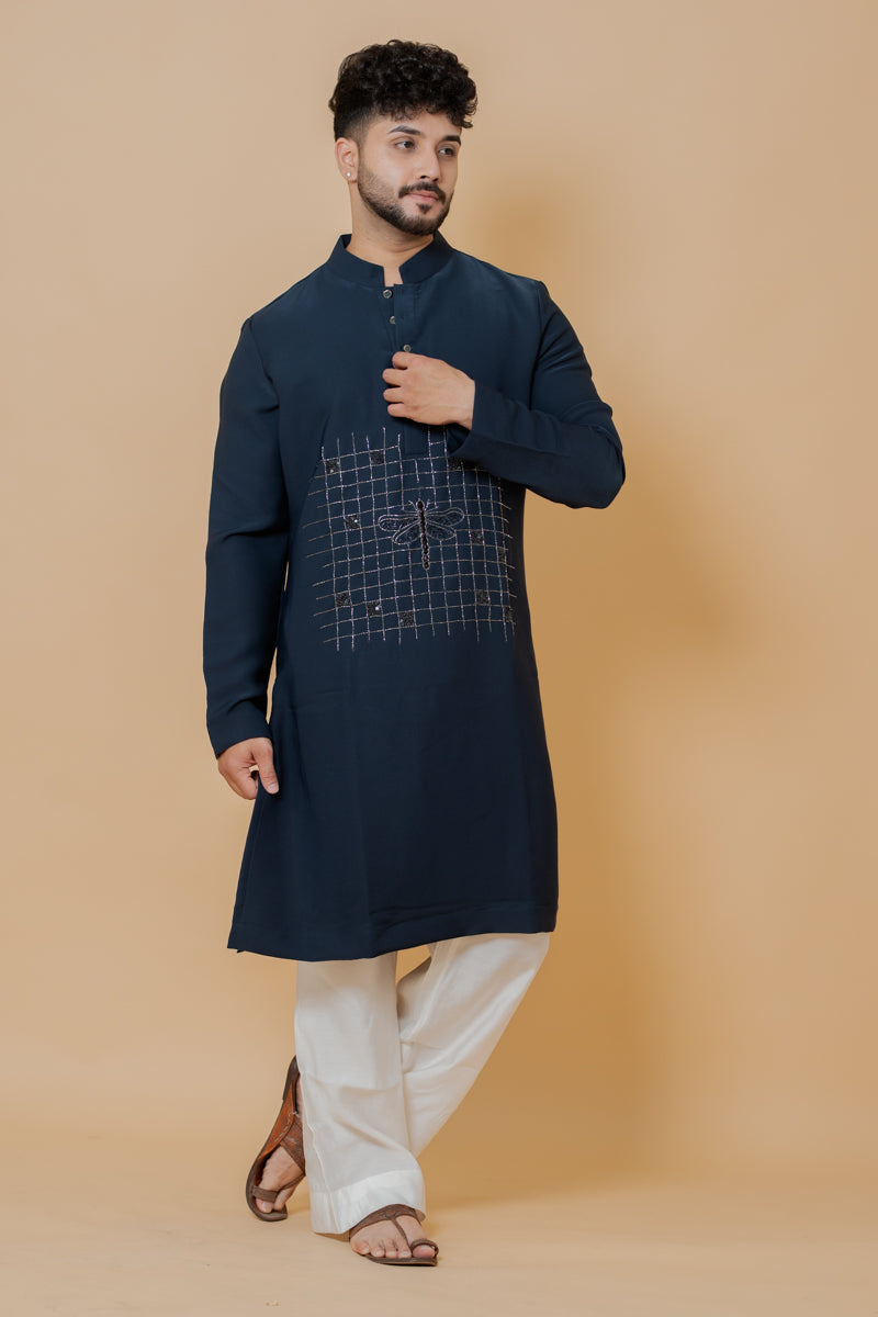 Navy Blue Japanese Silk Kurta Set Dragonfly Embroidery