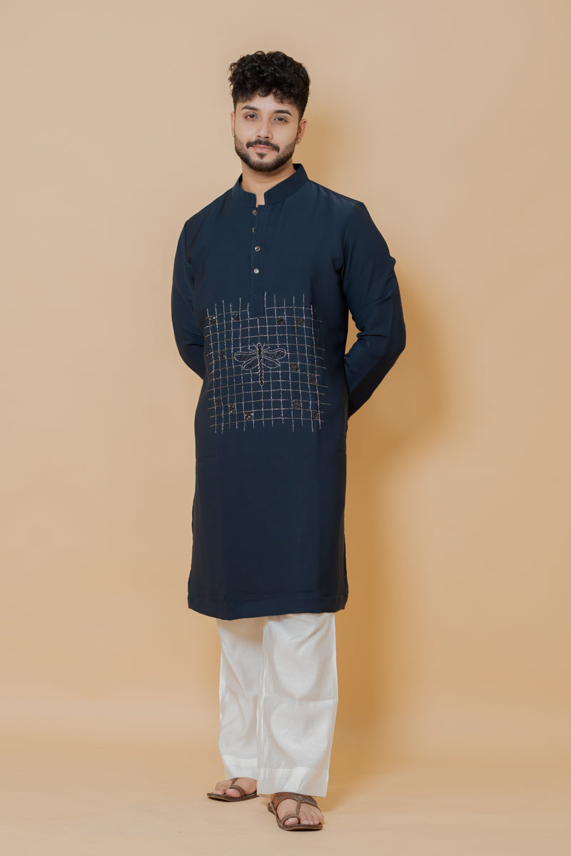 Navy Blue Japanese Silk Kurta Set Dragonfly Embroidery