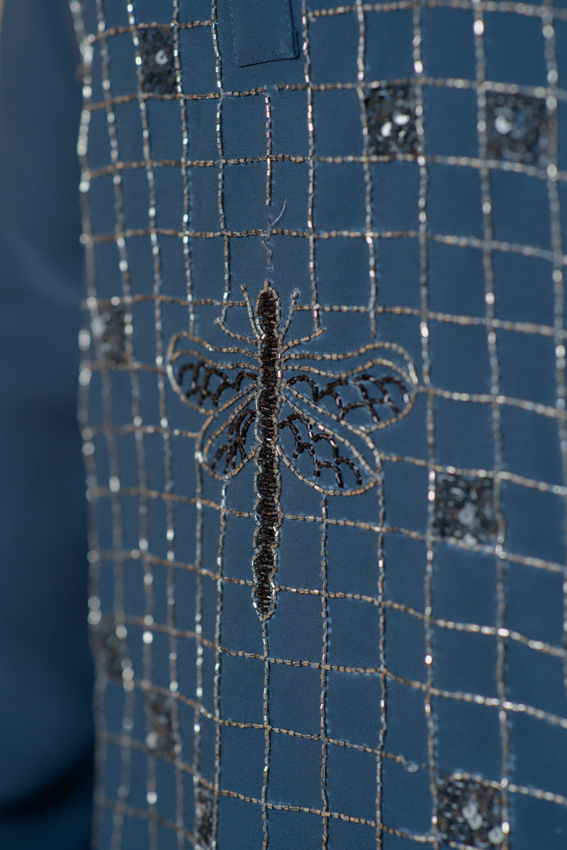 Navy Blue Japanese Silk Kurta Set Dragonfly Embroidery