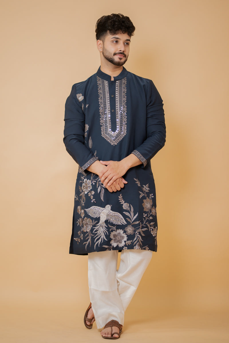 Navy Blue Japanese Silk Kurta Set with Floral and Bird Motif