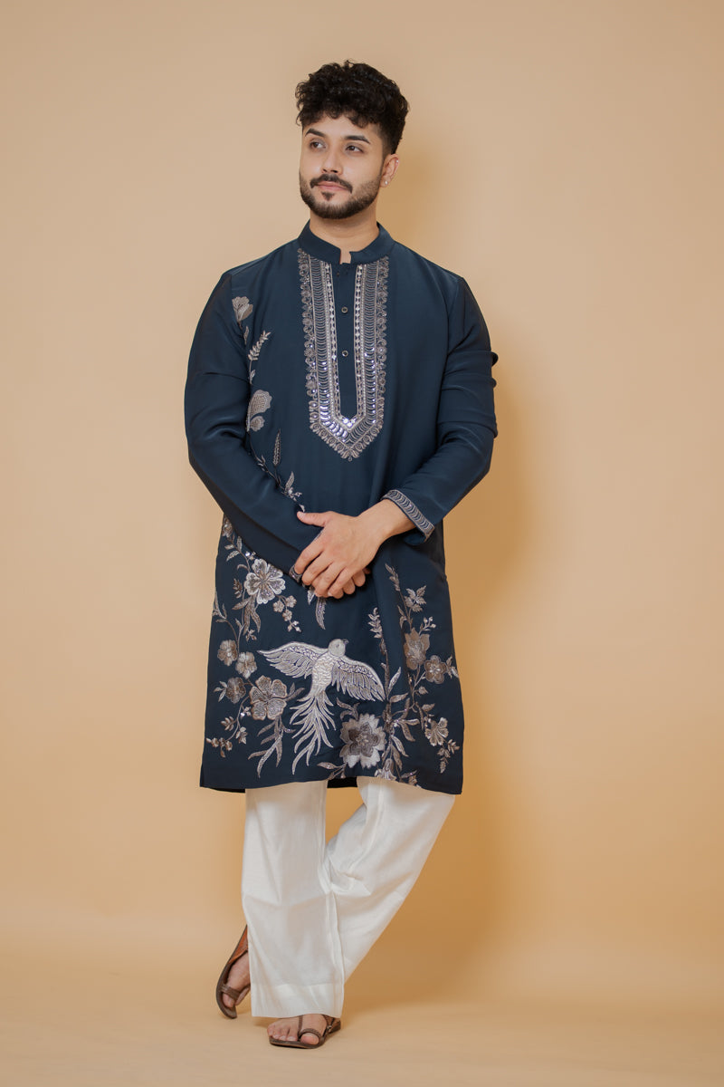 Navy Blue Japanese Silk Kurta Set with Floral and Bird Motif