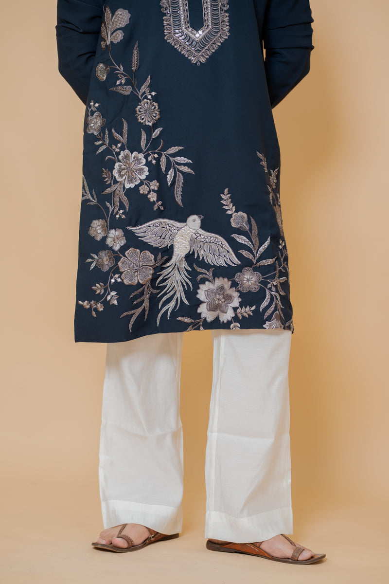 Navy Blue Japanese Silk Kurta Set with Floral and Bird Motif