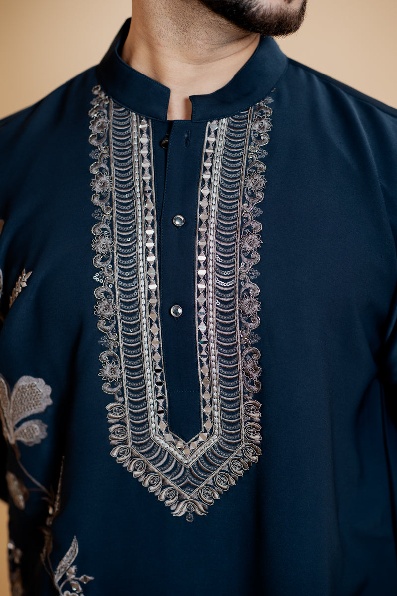 Navy Blue Japanese Silk Kurta Set with Floral and Bird Motif