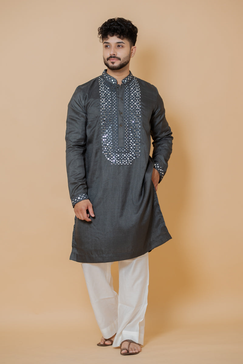 Charcoal Grey Japanese Silk Kurta Set Mirror Work Embroidery