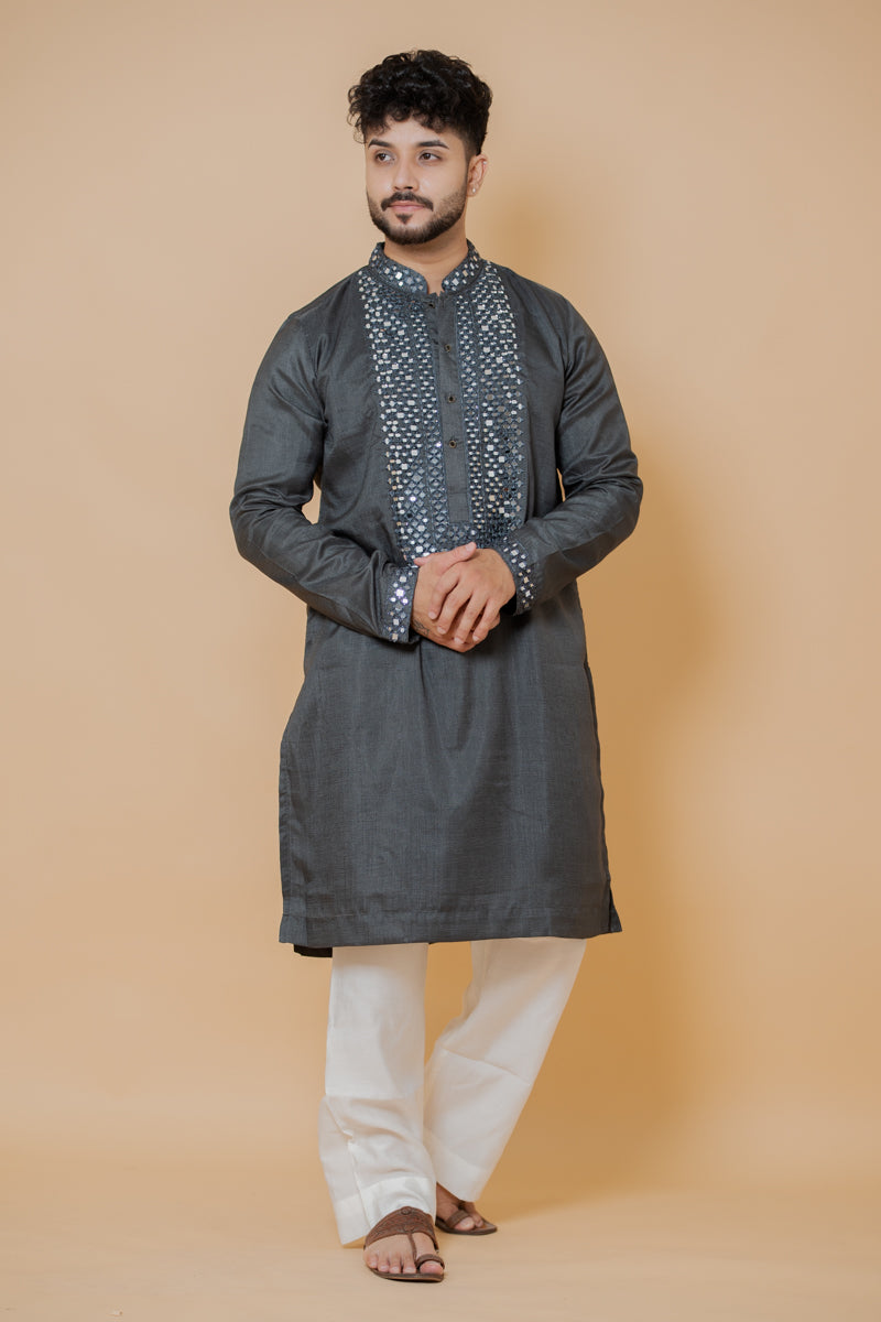 Charcoal Grey Japanese Silk Kurta Set Mirror Work Embroidery