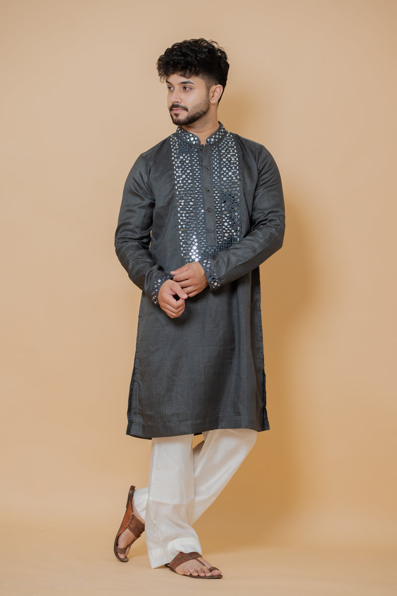 Charcoal Grey Linen Silk Kurta Set Mirror Work Embroidery
