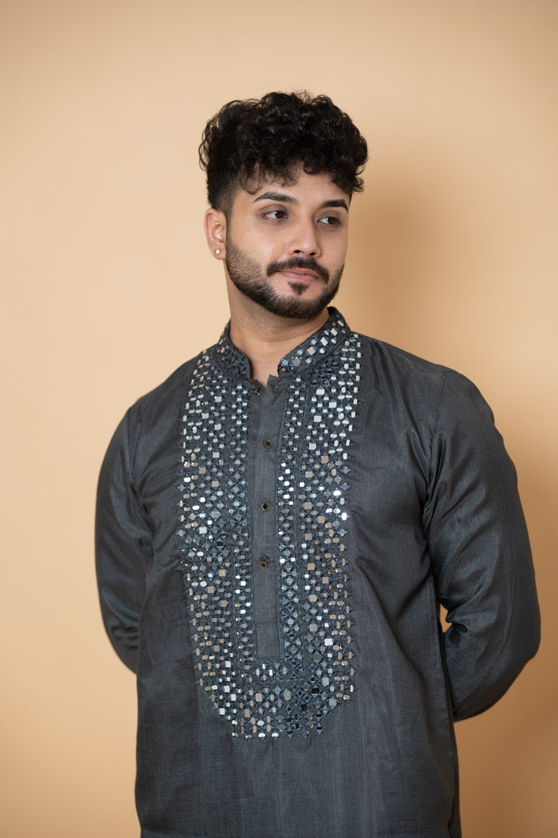 Charcoal Grey Linen Silk Kurta Set Mirror Work Embroidery
