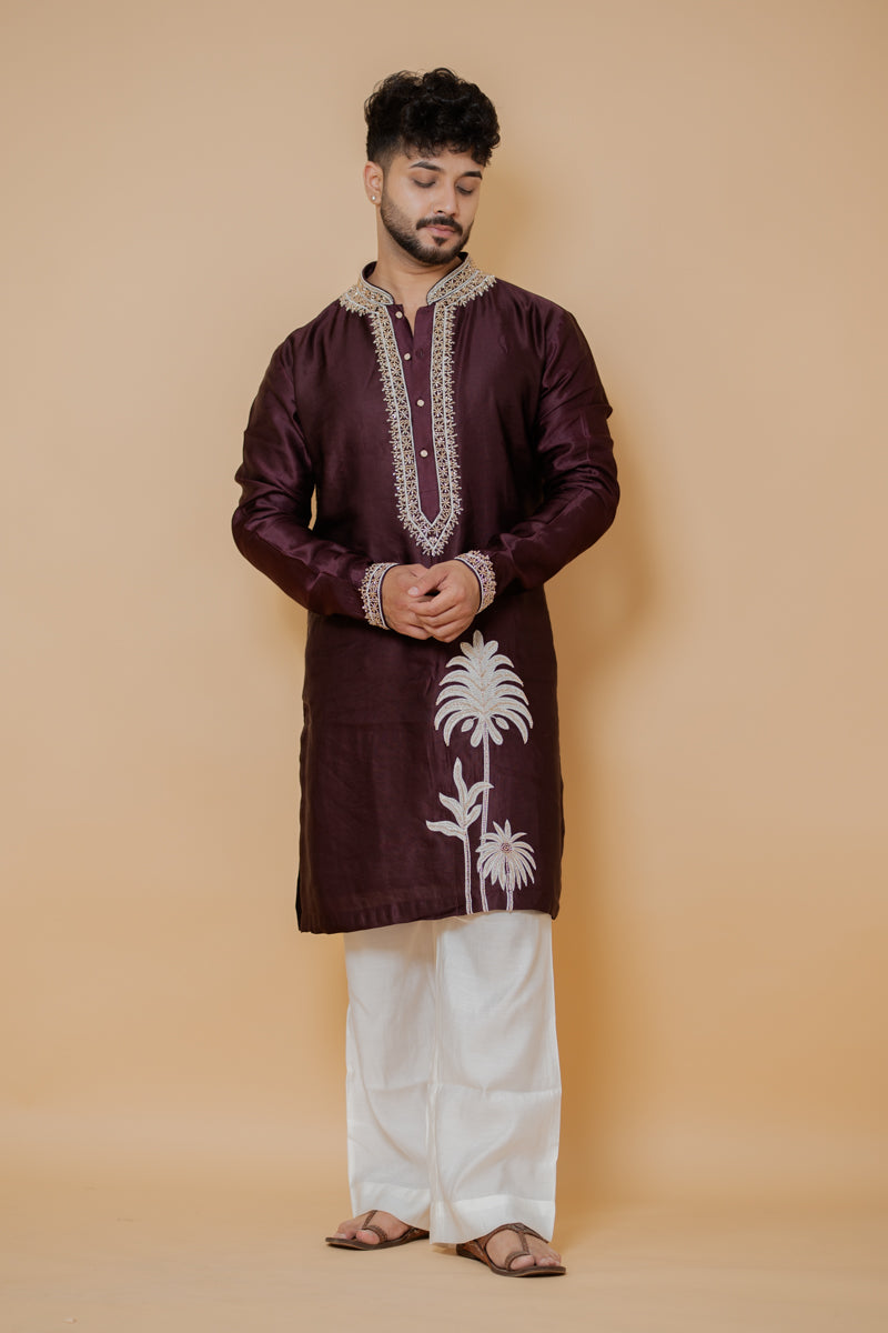 Wine Japanese Silk Kurta Set with Gold Zari Floral Hand Embroidery