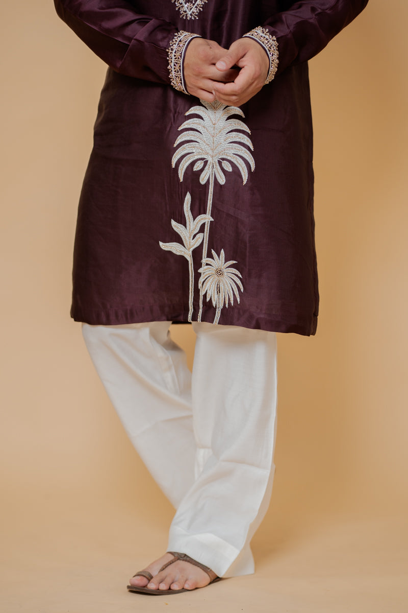 Wine Japanese Silk Kurta Set with Gold Zari Floral Hand Embroidery