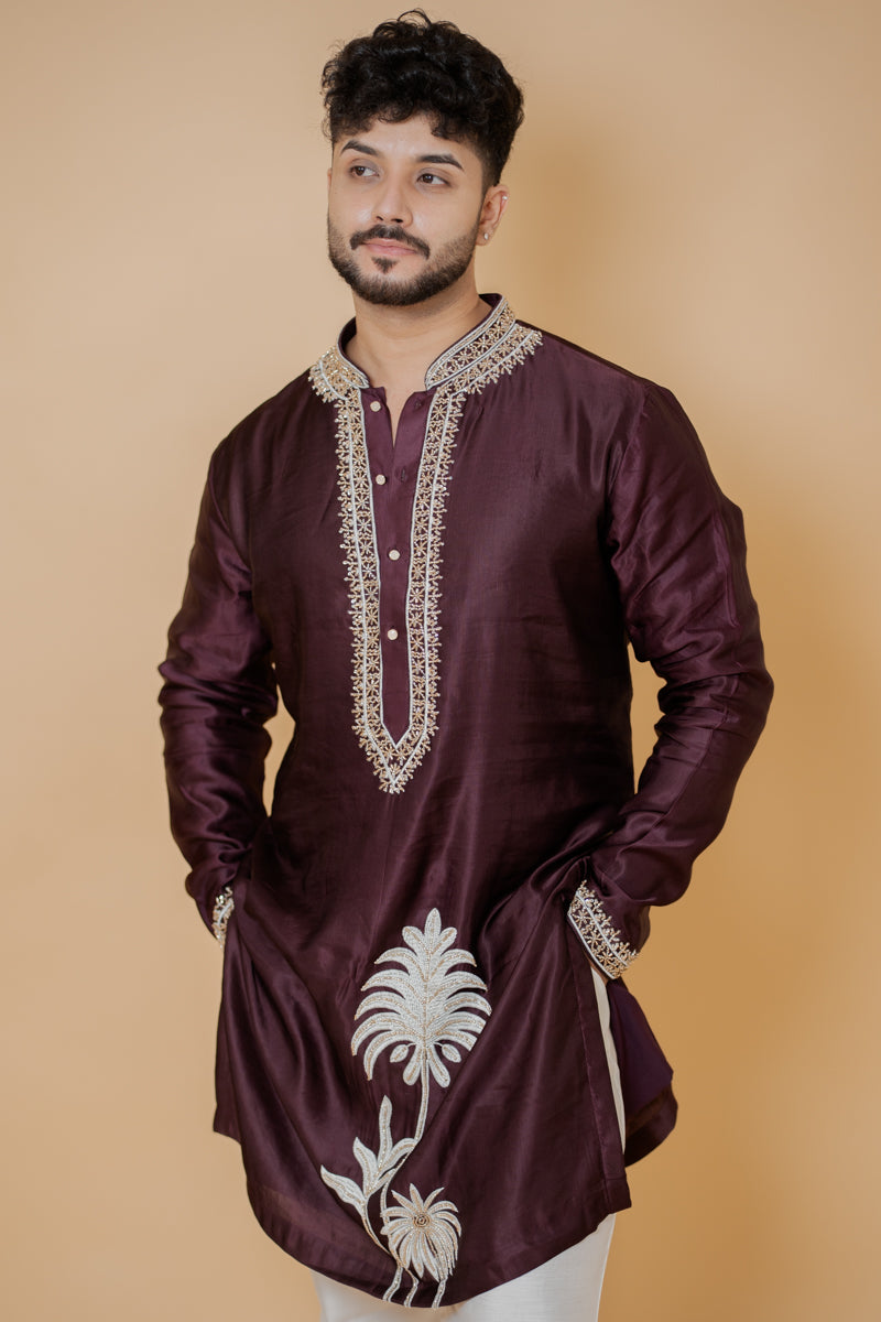 Wine Japanese Silk Kurta Set with Gold Zari Floral Hand Embroidery